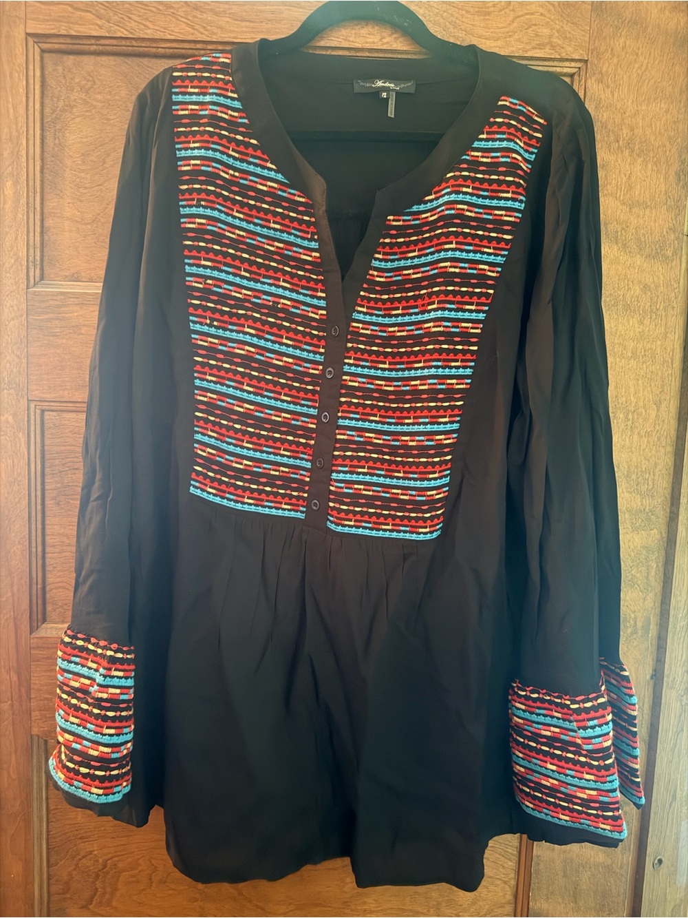 Embroidered Black Peasant Blouse with Multicolor Accent